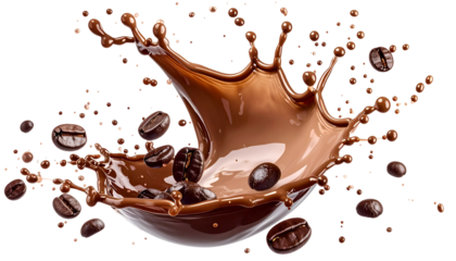 Dramatic splash of liquid chocolate, coffee beans, and dark background