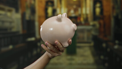 Obraz premium Hand holding piggybank in church setting highlights man in indoor environment suggesting financial theme within religious context.