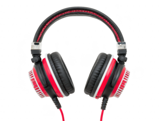 Black and red over ear headphone with cushioned ear pads, adjustable headband, and coiled cable, isolated on transparency background, modern audio accessory for music and gaming