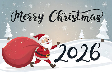 "Merry Christmas 2026: Santa Claus Delivering Gifts in a Winter Wonderland with Falling Snow"