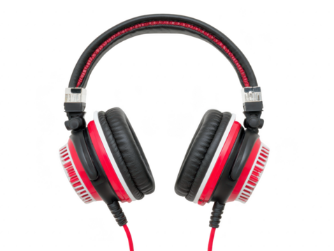 Black and red over ear headphone with cushioned ear pads, adjustable headband, and coiled cable, isolated on transparency background, modern audio accessory for music and gaming