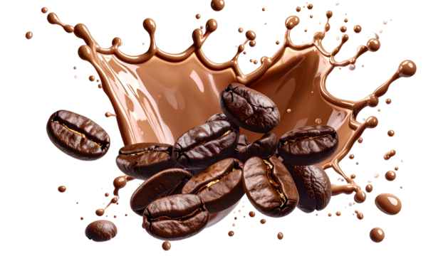 Roasted coffee beans explode from a brown splash, set against a stark black backdrop