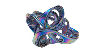 Abstract iridescent sculpture with intricate interwoven loops and curves.