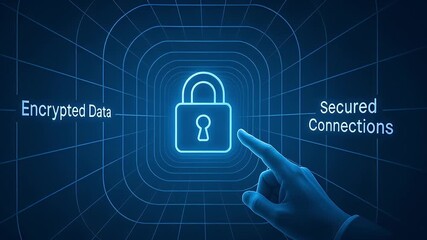 Secure digital padlock icon with finger touching holographic lock, encrypted data and secured connections blue cyber grid conveying network security and data protection encrypted data padlock icon - Powered by Adobe