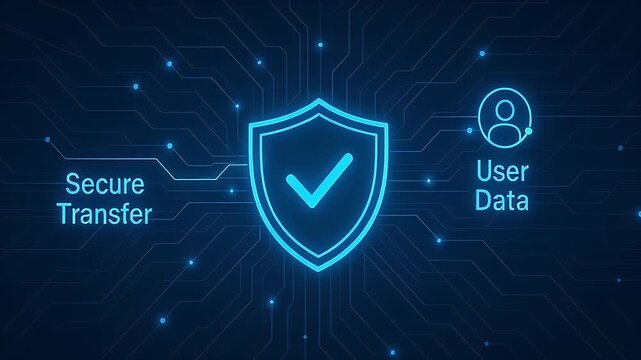 Secure transfer user data shield icon with checkmark glowing circuit board conveying encrypted communication and privacy protection for online transactions cloud storage encrypted connection digital