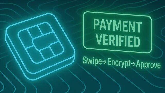 Payment verified neon badge chip card swipe encrypt approve secure electronic transaction notification glowing dark wavy background conveying contactless payment reassurance and transaction confidence