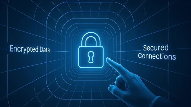 Secure digital padlock icon with finger touching holographic lock, encrypted data and secured connections blue cyber grid conveying network security and data protection encrypted data padlock icon - Powered by Adobe