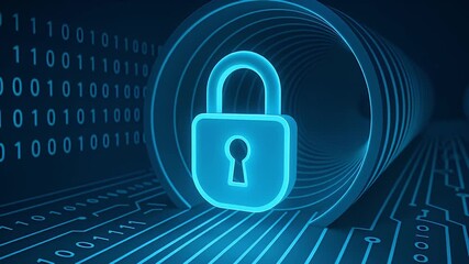 Neon padlock tunnel binary code circuit board pathway cybersecurity data protection encryption technology blue glow Neon blue padlock icon digital circuit background with binary code and tunnel - Powered by Adobe