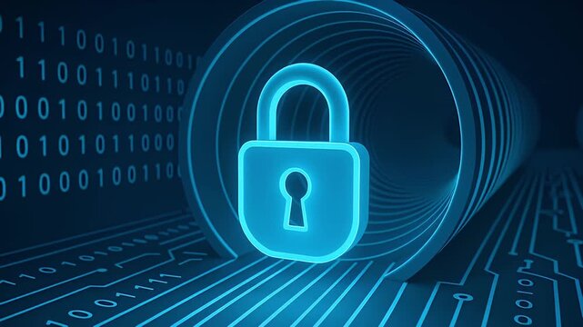 Neon padlock tunnel binary code circuit board pathway cybersecurity data protection encryption technology blue glow Neon blue padlock icon digital circuit background with binary code and tunnel - Powered by Adobe