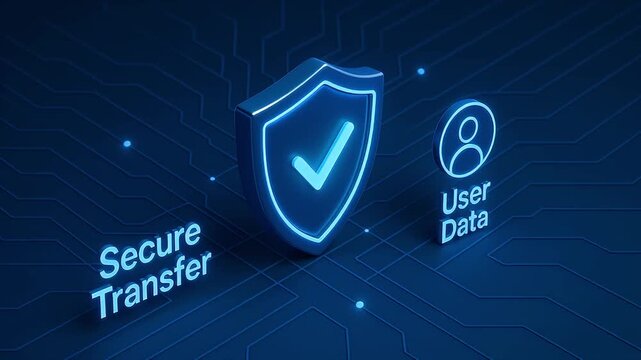 Secure transfer shield with checkmark protecting user data and privacy glowing blue circuit board network scene conveying encrypted communication cybersecurity encryption transfer shield checkmark