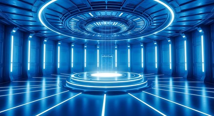 Futuristic interior with neon lights illuminating a circular platform, creating a hightech atmosphere for science fiction or technology concepts