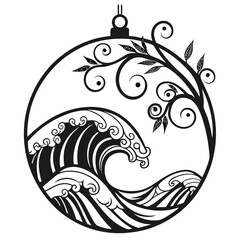 Stylized Wave and Tree Branch within a Circle Ornament ocean water