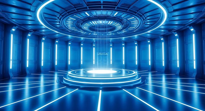 Futuristic interior with neon lights illuminating a circular platform, creating a hightech atmosphere for science fiction or technology concepts