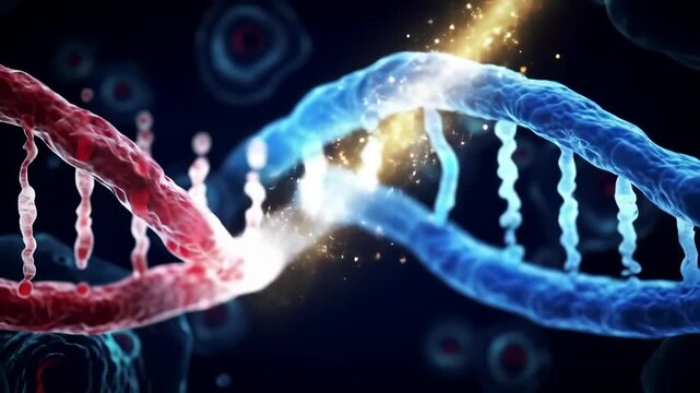 Dynamic DNA strand showcases genetic engineering and gene therapy, conceptualizing advanced biotechnology for molecular genome repair and scientific innovation at a microscopic level. No people.