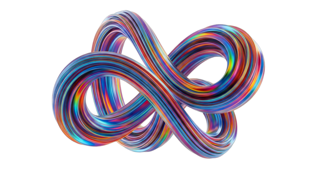 Abstract 3D render of a swirling multicolored infinite loop.