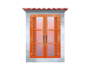 Wooden window with glass panels and shutters, set in concrete wall with red tile awning, reflecting soft outdoor light, creating cozy and inviting atmosphere