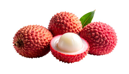 Close-up of four lychees; one sliced, showing white flesh, with green leaf