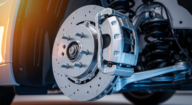 High-performance car brake system with drilled rotors and calipers for modern automotive design