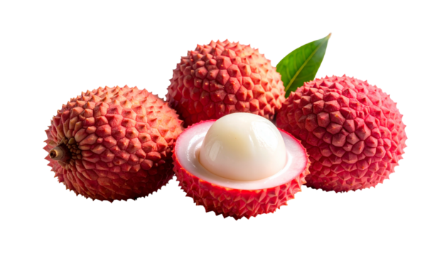 Close-up of four lychees; one sliced, showing white flesh, with green leaf