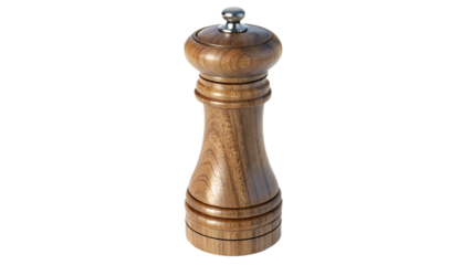Wooden pepper grinder with metal top, isolated on transparent background, realistic texture and subtle shadow.