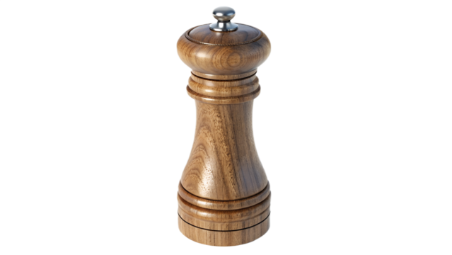 Wooden pepper grinder with metal top, isolated on transparent background, realistic texture and subtle shadow.