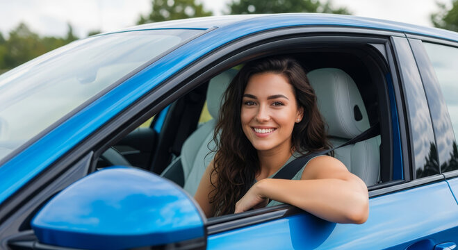 Joyful woman smiling while driving her new blue car on a sunny day