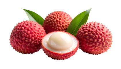 Close-up of four red, textured lychees with green leaves, one cut open to reveal white fruit