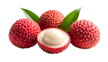 Close-up of four red, textured lychees with green leaves, one cut open to reveal white fruit