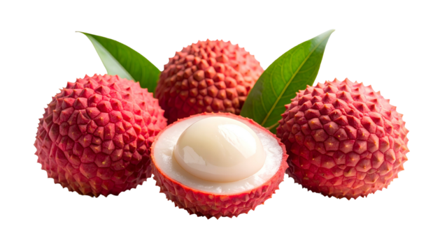 Close-up of four red, textured lychees with green leaves, one cut open to reveal white fruit