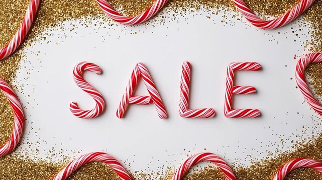 Red and white candy canes forming 'SALE' letters with golden glitter border and stars on blue background. Playful New Year discount graphic with festive candy motif and sparkling accents.