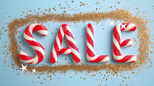 Red and white candy canes forming 'SALE' letters with golden glitter border and stars on blue background. Playful New Year discount graphic with festive candy motif and sparkling accents.