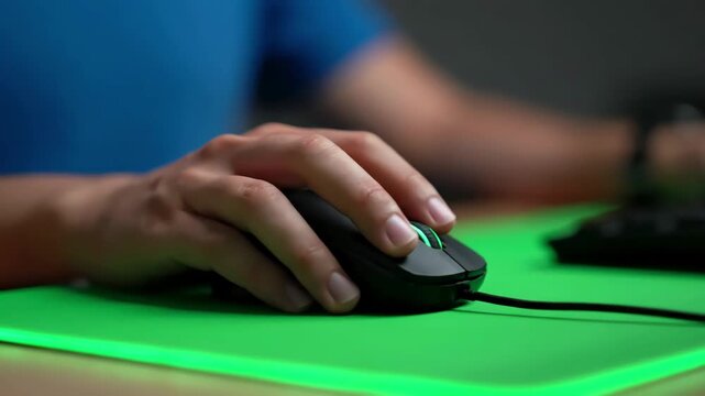 Green Screen office guy using chromakey computer closeup worker hand holding mouse device scene 1 with distortion, overlay, glitch, static noise, scan lines on black background, 4k animated video loop