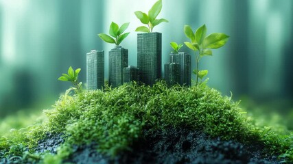 Innovative urban greenery emerges from a lush landscape in a futuristic city setting