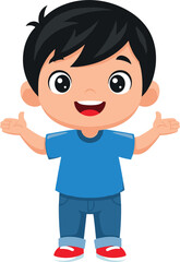 Cheerful cartoon child with black hair raising both thumbs in blue t-shirt, jeans, and red shoes on white background