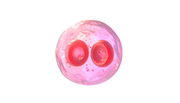 Digital rendering of a biological cell with two circular red objects inside