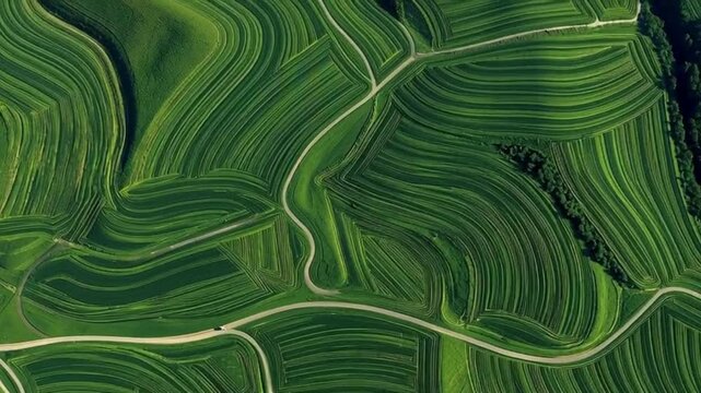 Emerald Waves A stunning aerial view of lush farmland with meandering roads under soft natural light