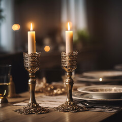 Photo shabbat candlesticks with burning candles on the kitchen table traditional jewish