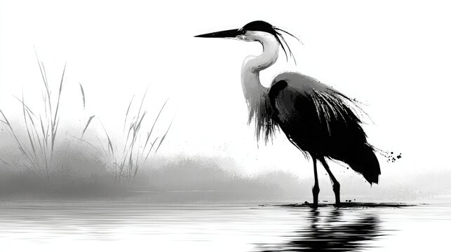 Black and white vector of a heron standing in water, drawn in tall elegant form over pure white background. Represents patience and balance. Perfect for meditation visuals and calm nature art.