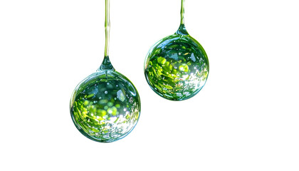 Two transparent, teardrop-shaped glass orbs reflecting a sunlit, green, blurry landscape