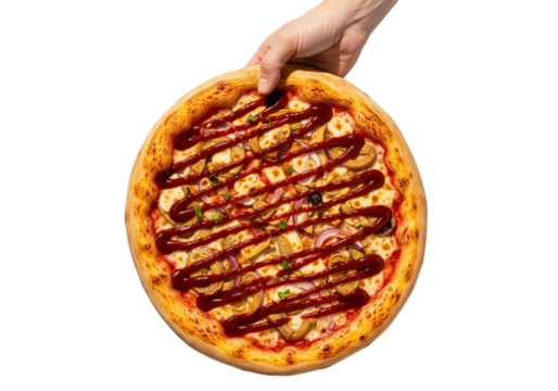 Delicious BBQ pizza with mushrooms and red onions, held by a hand, a tempting meal for a pizza night, perfect for food bloggers and restaurant promotions.