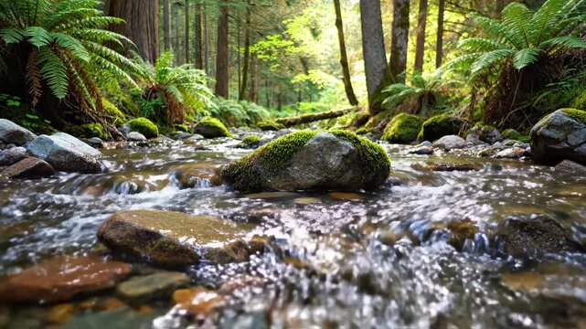 Flowing Mountain Stream Surrounded by Green Forest Mossy Rocks Natural Lighting
