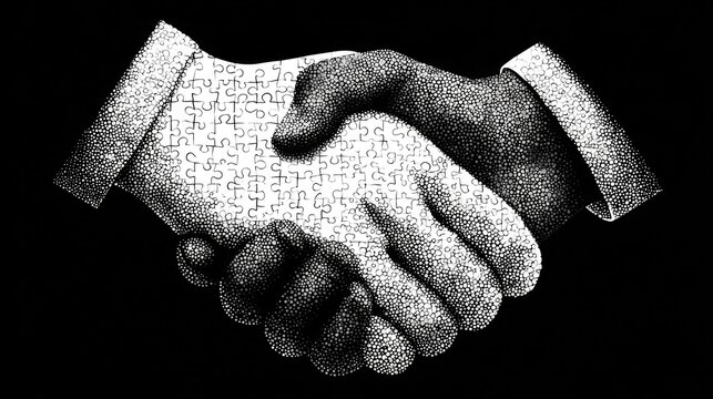Black and white vector of a handshake forming a puzzle, on white background. Represents strategic partnerships, mergers, and corporate collaborations between global companies.