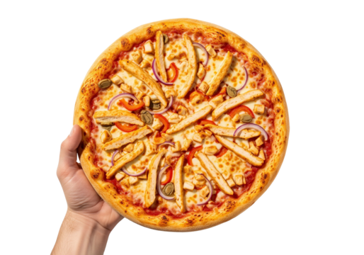 Delicious chicken pizza ready to be served, perfect for menu design or online ordering promotions, showcasing fresh ingredients and appetizing presentation