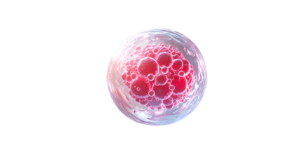 A close-up of a vibrant, biological cell structure, showing a cluster of spheres