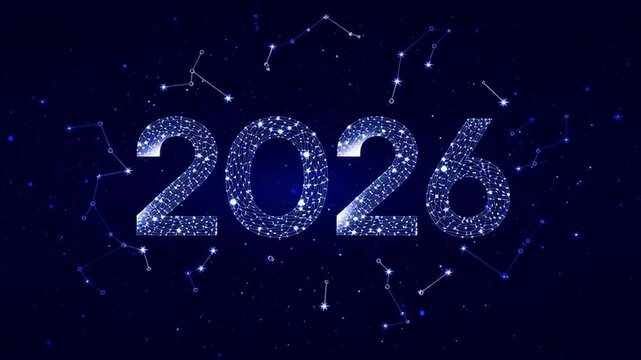 Silver 2026 numerals surrounded by constellation stars and cosmic lines on deep blue space background. Mystical New Year graphic with celestial glow and starry patterns. Elegant festive design for hol