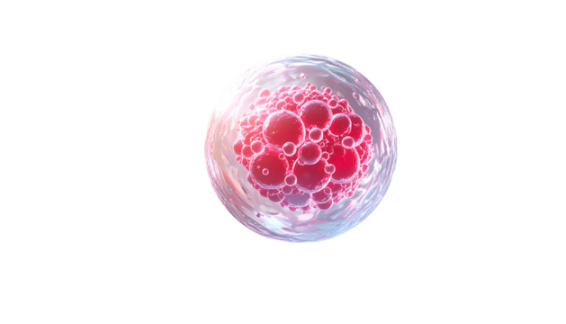 A close-up of a vibrant, biological cell structure, showing a cluster of spheres