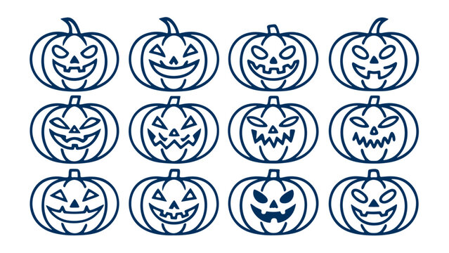 Set of blue halloween jack-o'-lantern pumpkin line art icons with various spooky faces