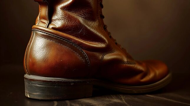 close-up of brown leather boot in warm lighting, classic craftsmanship and material texture concept