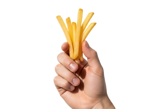 Golden french fries held in a hand offer savory temptation, ideal for restaurant menus, food blogs, or promotional material appealing to snack cravings