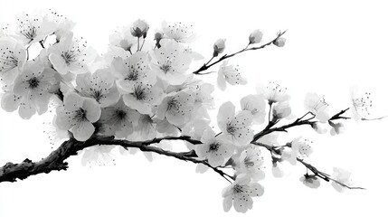 Black and white vector of a forest branch with tiny blossoms, on white background. Represents simplicity and natural elegance.
